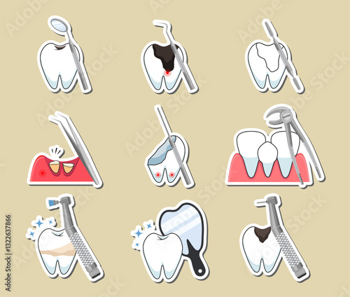 Teeth set with dental tools. Vector sticker collection of dental equipment