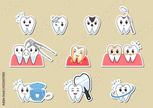 Happy teeth with smileys. Vector sticker set with cheerful and playful expressions