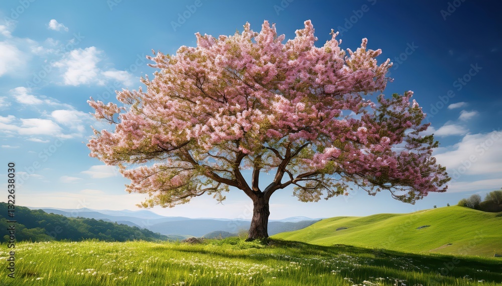 Vibrant Blossoms A Majestic Spring Tree in Bloom, Illuminated by Soft Sunlight Draped in Pastel Shadows, Breathtakingly Beautiful in the Peaceful Woodland Retreat. Vibrant Blossoms A Majestic Spring Tree in Bloom, Illuminated by Soft Sunlight Draped in Pastel Shadows, Breathtakingly Beautiful in the Peaceful Woodland Retreat.