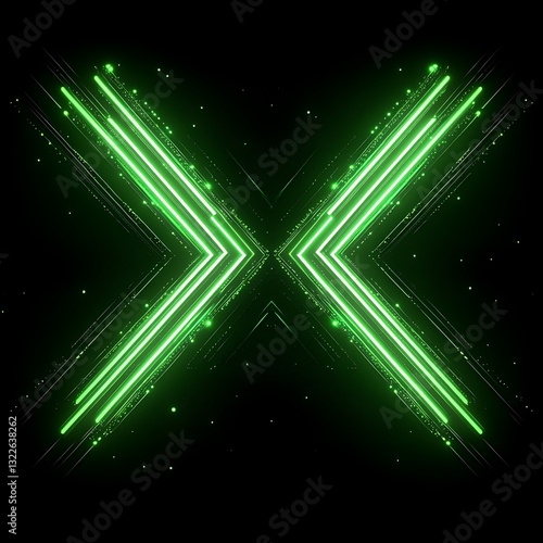 Green neon X, energy, dark background, abstract art