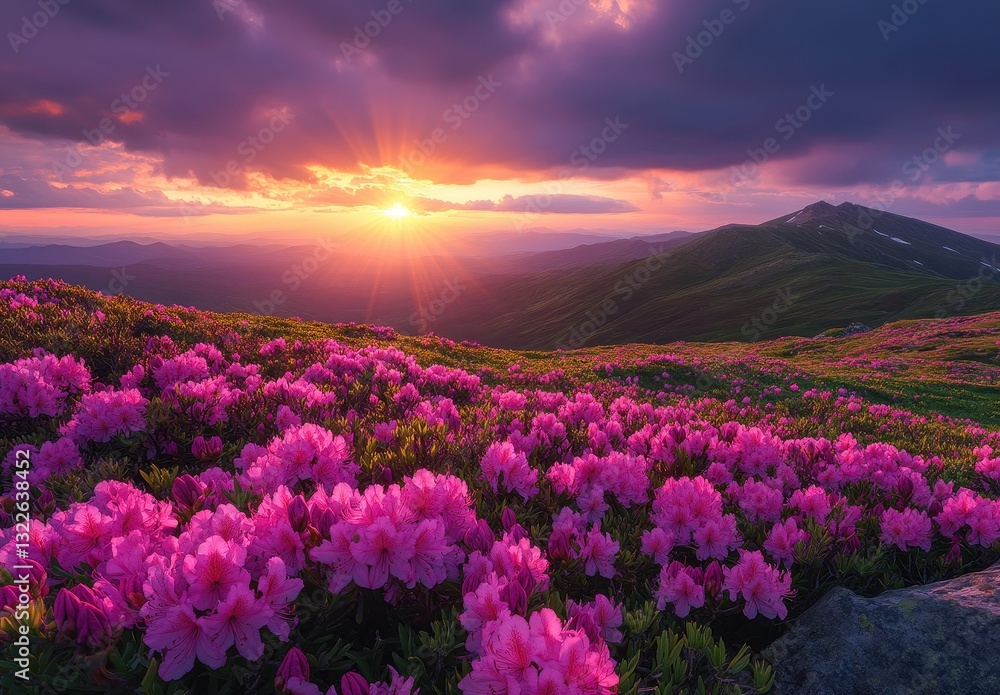 Fototapeta premium Vibrant Sunrise Over Blooming Azalea Flowers in Lush Green Mountain Landscape with Soft Sunlight and Dramatic Sky Colors
