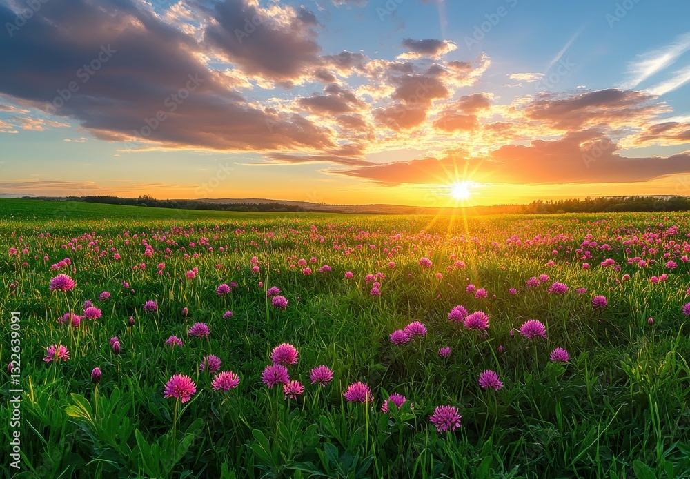 Obraz premium Vibrant Sunset Over a Flower Field with Pink Blossoms and Lush Green Grass Illuminated by Golden Sunlight in a Scenic Landscape