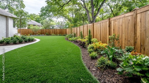 A sturdy, weathered wooden fence encloses the lush green lawn, offering privacy and a touch of rustic charm to the backyard space.
