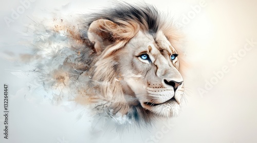 A stunning black and white lion head portrait with piercing blue eyes, intricately crafted with fine lines and detailed shading.