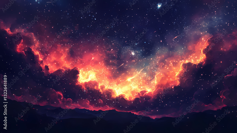 Naklejka premium Fiery bursts of colorful sparks erupt from fireworks exploding above a darkened landscape with stars in the background, celestial, fireworks. Celestial Sparks. Illustration
