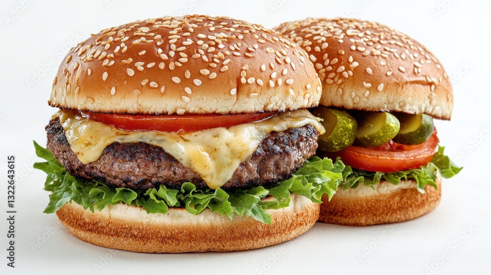 A succulent beef patty topped with melted cheese, crispy lettuce, ripe tomatoes, and tangy pickles, all sandwiched between two toasted sesame seed buns, placed on a clean white background. A succulent beef patty topped with melted cheese, crispy lettuce, ripe tomatoes, and tangy pickles, all sandwiched between two toasted sesame seed buns, placed on a clean white background.