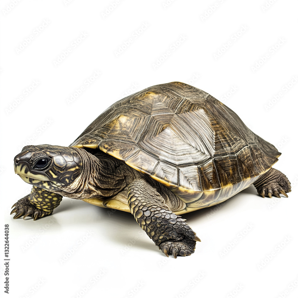 Obraz premium Turtle on white background, showcasing detailed shell pattern