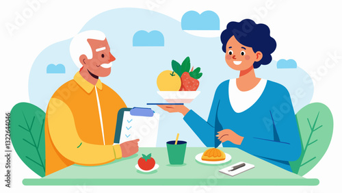 A oneonone consultation with a nutritionist to discuss specific dietary needs and create a personalized meal plan for each senior guest.. Vector illustration