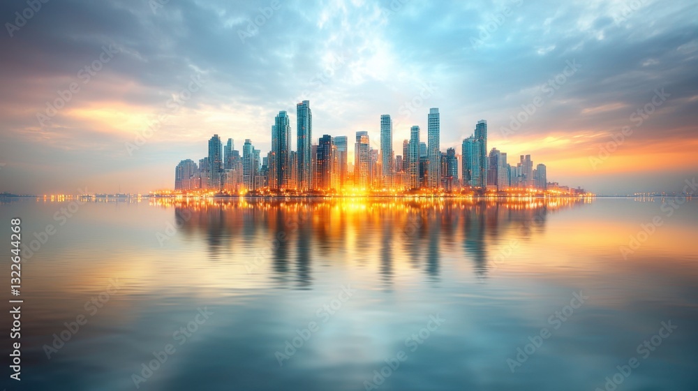 Obraz premium The vibrant city skyline at dusk in New York City is a breathtaking sight with a dazzling array of colors as the glowing lights from the towering buildings reflect softly off the calm waters below