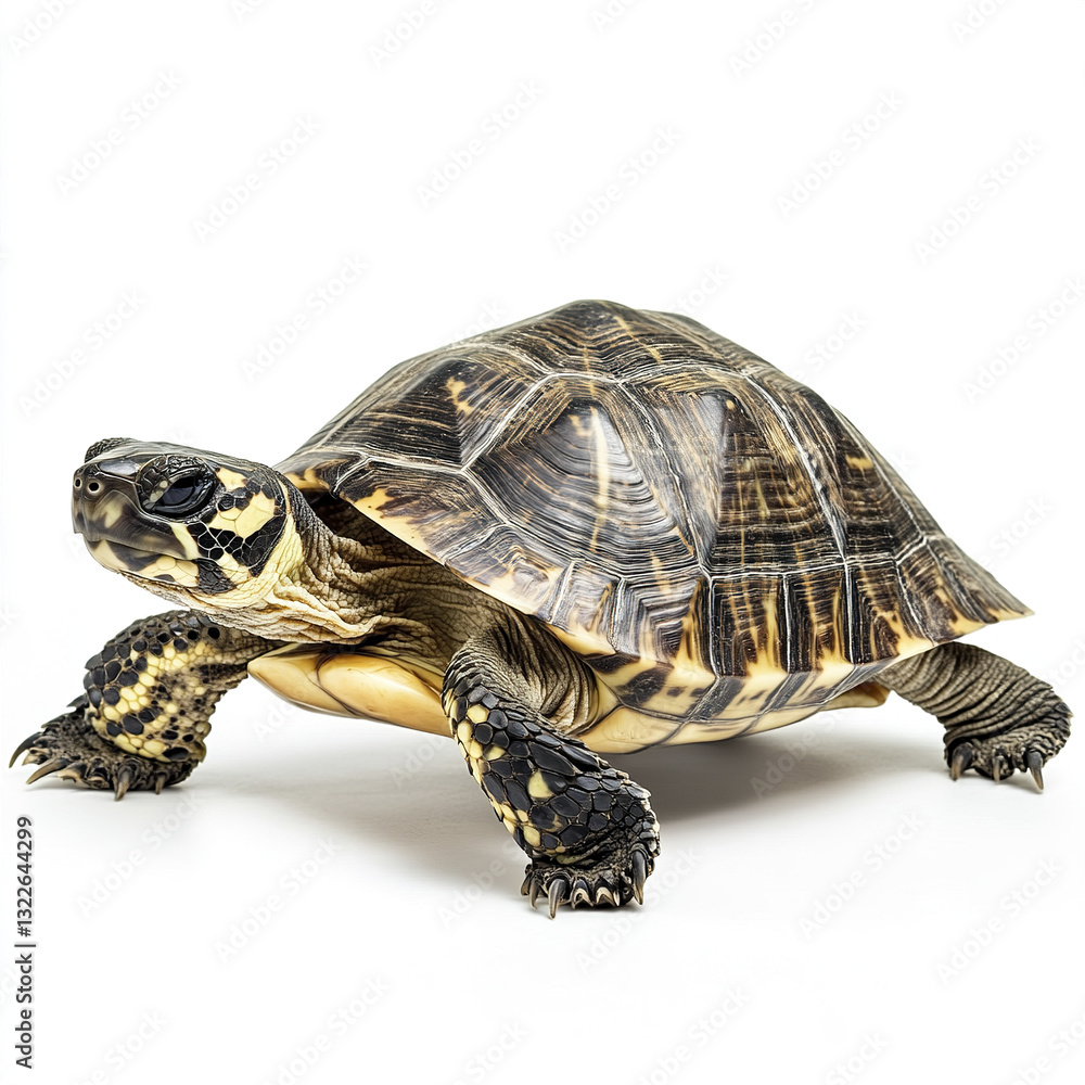 Turtle on white background, showcasing detailed shell pattern Turtle on white background, showcasing detailed shell pattern