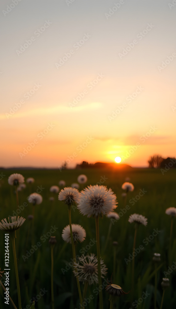 Fototapeta premium Dandelion field at sunset, rural aesthetic, minimalism. with white shades