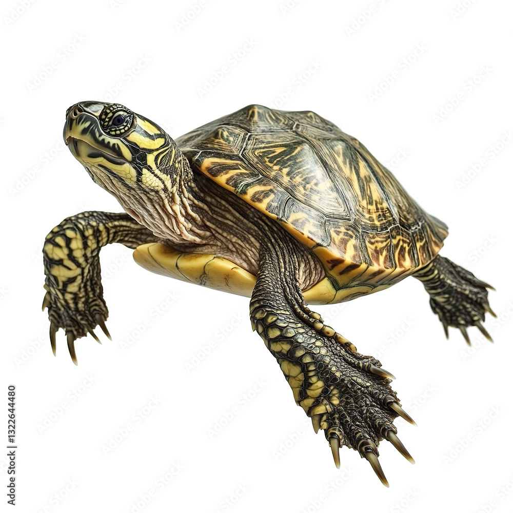 Turtle isolated on white background, detailed shell and claws visible Turtle isolated on white background, detailed shell and claws visible