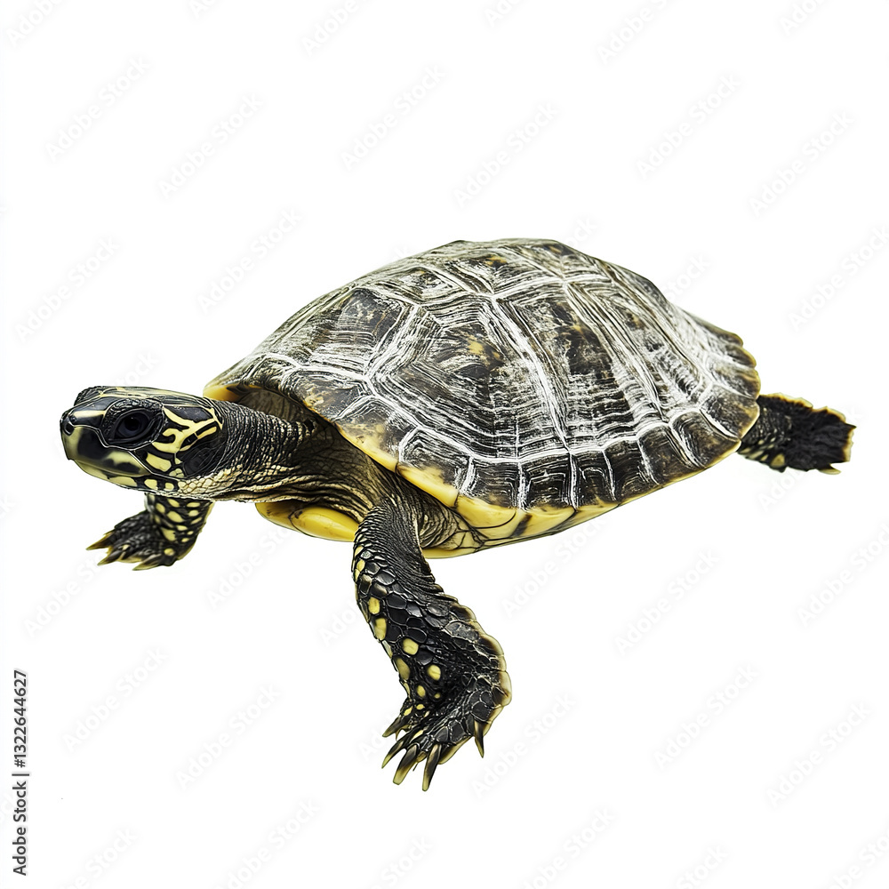 Fototapeta premium Turtle isolated on white background, showcasing its detailed shell