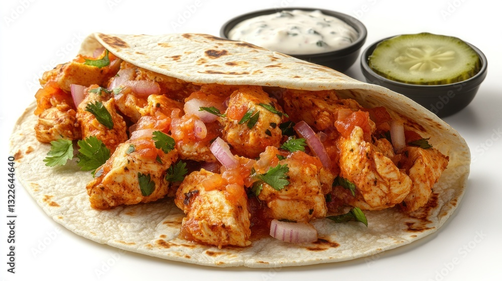Chicken Taco in Tortilla, White Background Chicken Taco in Tortilla, White Background