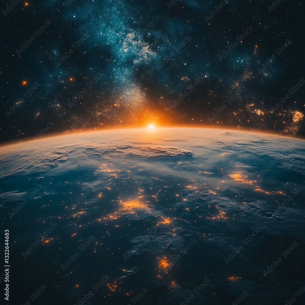 Fototapeta premium Earth sunrise, space, galaxy, night lights