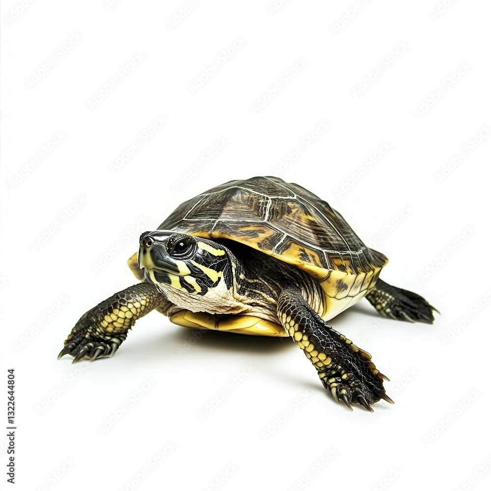Turtle isolated on white background, showcasing its detailed shell Turtle isolated on white background, showcasing its detailed shell