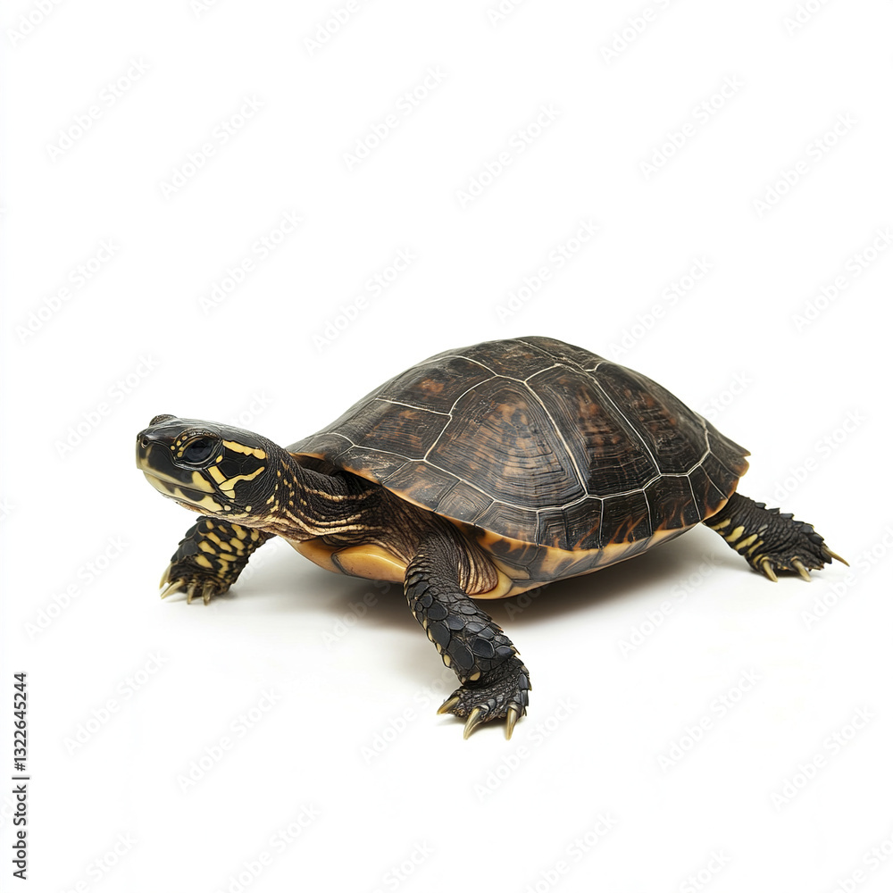 Turtle isolated on white background, showcasing its detailed shell Turtle isolated on white background, showcasing its detailed shell