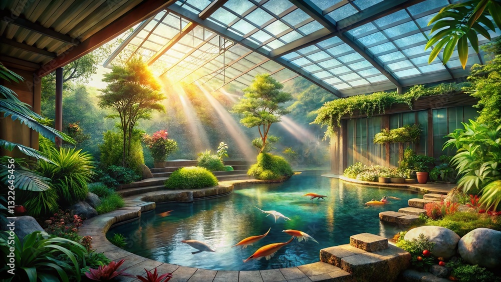 Obraz premium Serene Indoor Koi Pond Garden: Sunlight Streaming Through Skylight