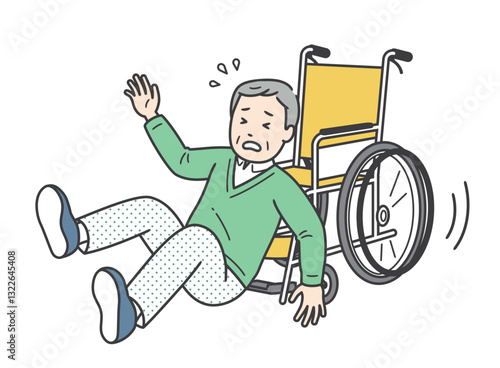 車椅子からずり落ちて尻もちをつく高齢男性のイラスト