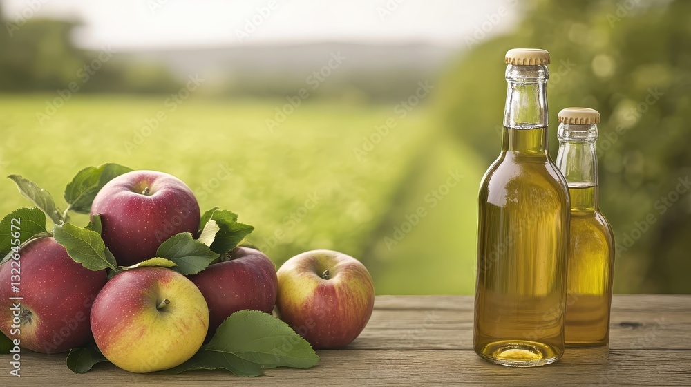 Fresh apples and bottles of cider on a wooden table in a lush orchard Fresh apples and bottles of cider on a wooden table in a lush orchard