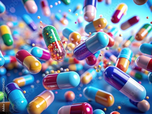 3D Render Panoramic Blue Background Falling Capsule Pills - Medical Pharmacy Healthcare Illustration