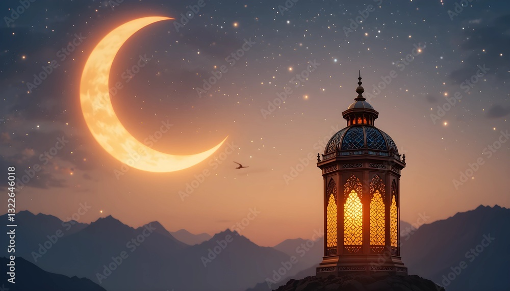 Beautiful Ramadan and Eid Night Scene with Glowing Islamic Lantern and Crescent Moon in a Starry Sky, Symbolizing Spiritual Peace and Festive Celebration Beautiful Ramadan and Eid Night Scene with Glowing Islamic Lantern and Crescent Moon in a Starry Sky, Symbolizing Spiritual Peace and Festive Celebration