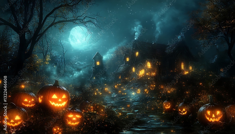 Obraz premium Haunted house, pumpkins, night, Halloween, spooky scene