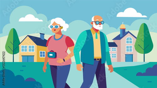 A senior couple taking a leisurely walk through a neighborhood both wearing stylish smart glasses that track their vitals and medication reminders.. Vector illustration
