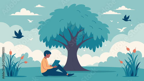 Sitting in the shade of a sprawling willow tree a person journals while birds chirp and butterflies flutter around them finding peace and clarity in nature.. Vector illustration