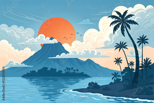 A peaceful volcanic landscape, a clear blue sky, a gentle breeze blowing across the sea, coconut trees lining the shore, and an island in the distance.