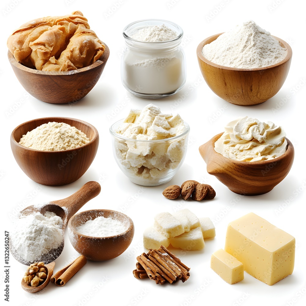 Fototapeta premium A diverse array of colorful baking essentials featuring various types of food on a bright white background