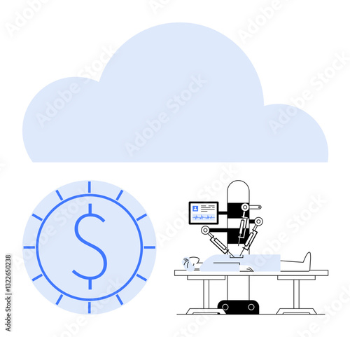 Robotic arm performing surgery on patient, cloud above symbolizing data storage, dollar coin highlighting costs. Ideal for healthcare, technology, automation, innovation, finance, cloud computing