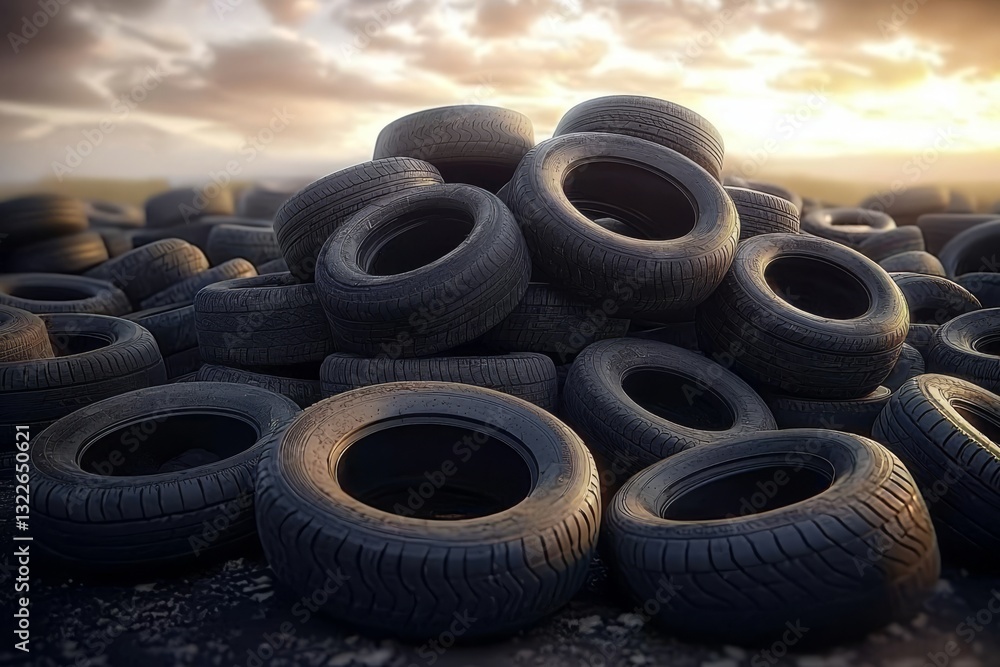 Old vehicle tires accumulate in a messy pile on the soil. Old vehicle tires accumulate in a messy pile on the soil.
