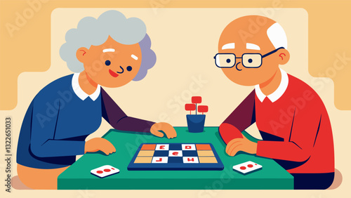 A senior couple playing a round of Boggle quickly forming words from a jumbled grid of letters and competing to see who can find the most.. Vector illustration