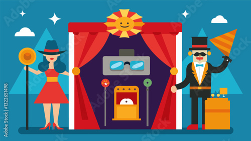A photo booth with props and costumes allows guests to transport themselves into a scene from a different decade for a pictureperfect memory.. Vector illustration