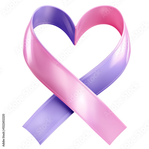 Pink ribbon symbol for October Pink breast cancer awareness in 3D render with transparent background