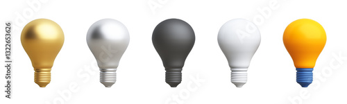 3D light bulb objects golden, silver, black, white and yellow. Colorful Mockup or Model, electricity energy. world idea and technology. PNG file. 3D Illustration.