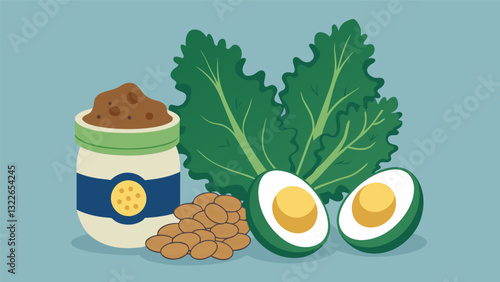 Crunchy kale chips hardboiled eggs and a side of nut butter pack a protein punch for your afternoon pickmeup.. Vector illustration