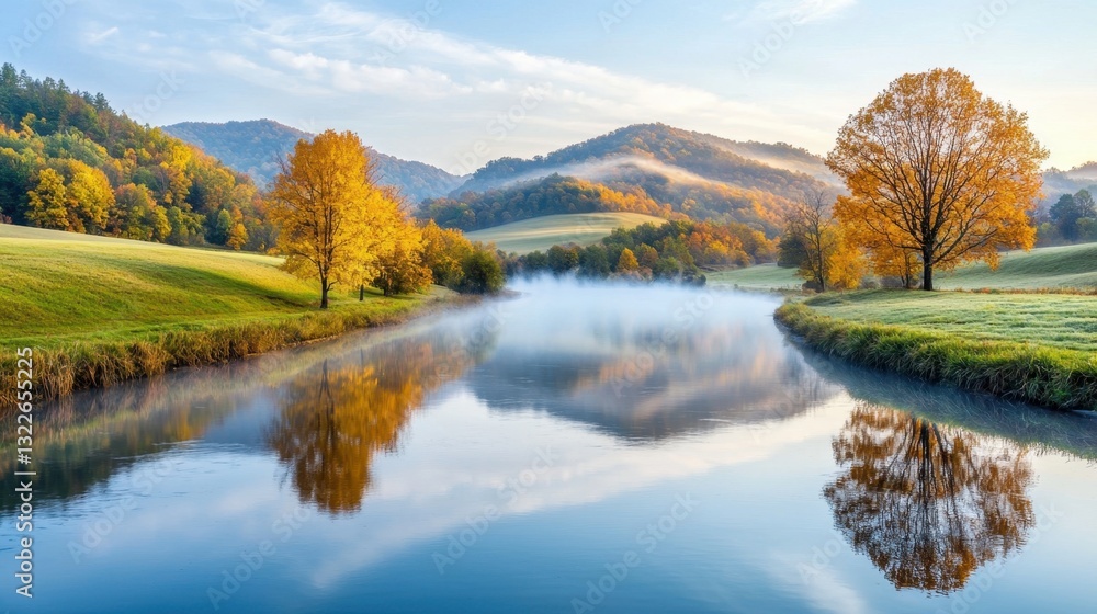 Fototapeta premium The gentle river winds its way through the rolling hills, shrouded in a veil of mist as the first light of dawn filters through the trees, casting a soft glow on the tranquil waters below