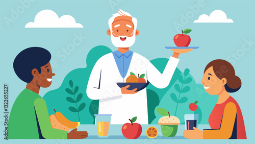 A nutritionist hosting a taste testing event for seniors introducing them to new and nutritious food options. Vector illustration