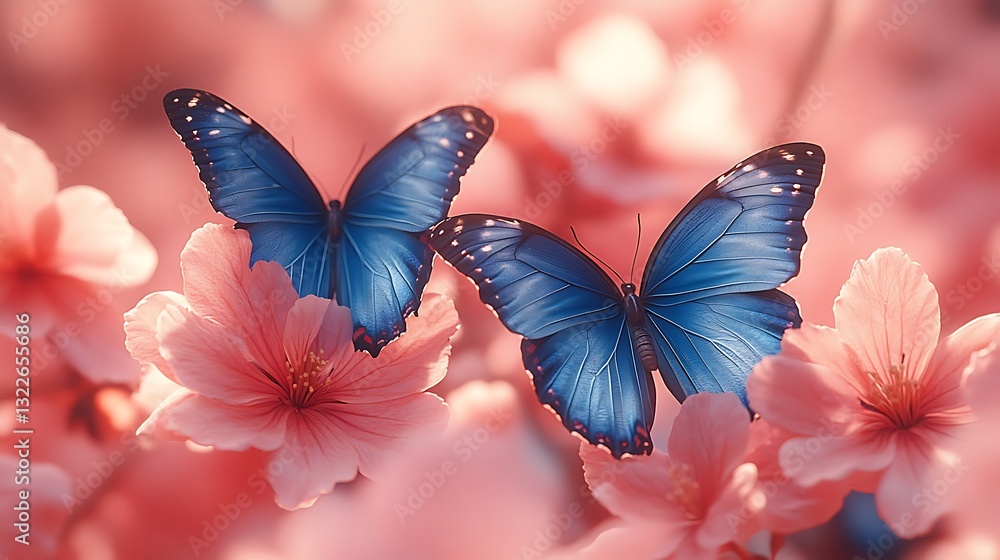 Naklejka premium Tranquil nature scene with blue butterfly and pink flower harmony