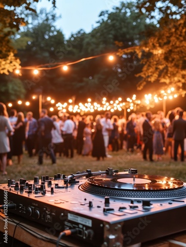 Close-up of a turntable at a vibrant evening party  - ai