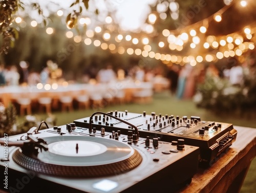Close-up of a turntable at a vibrant evening party  - ai