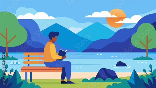 Sitting on a park bench a person gazes out at a serene lake journal in hand as they contemplate their journey of selfdiscovery.. Vector illustration