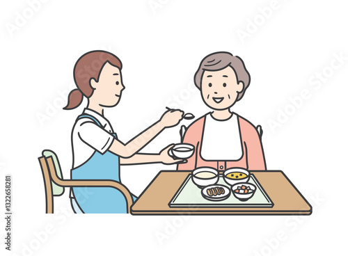 食事介助をする介護士と高齢女性のイラスト