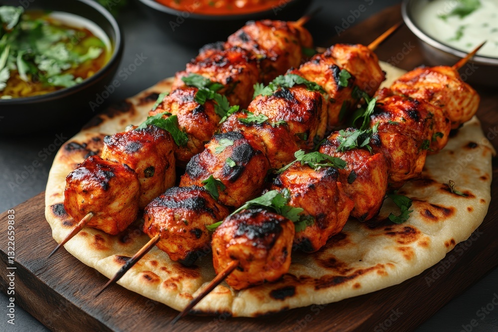 Grilled chicken skewers served with flatbread and spicy sauces at a lively outdoor dining setting Grilled chicken skewers served with flatbread and spicy sauces at a lively outdoor dining setting