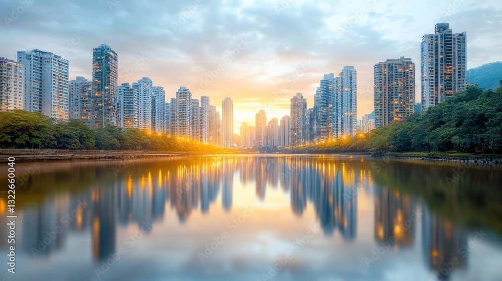 The towering buildings of the city stretch towards the sky, their glittering lights mirrored perfectly in the serene waters of the river below, creating a breathtaking symmetrical reflection. The towering buildings of the city stretch towards the sky, their glittering lights mirrored perfectly in the serene waters of the river below, creating a breathtaking symmetrical reflection.