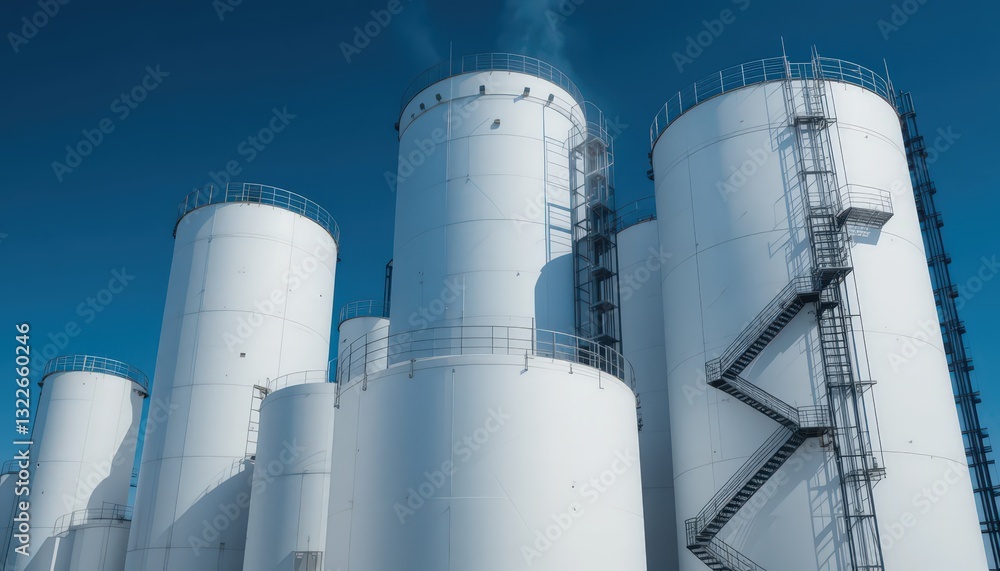 Industrial White Storage Tanks Under a Clear Blue Sky Industrial White Storage Tanks Under a Clear Blue Sky