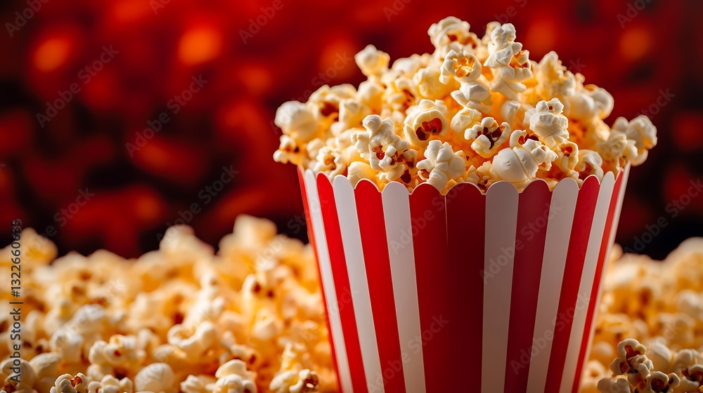 A Classic Movie Night Treat: Buttery Popcorn in a Red and White Striped Bucket A Classic Movie Night Treat: Buttery Popcorn in a Red and White Striped Bucket