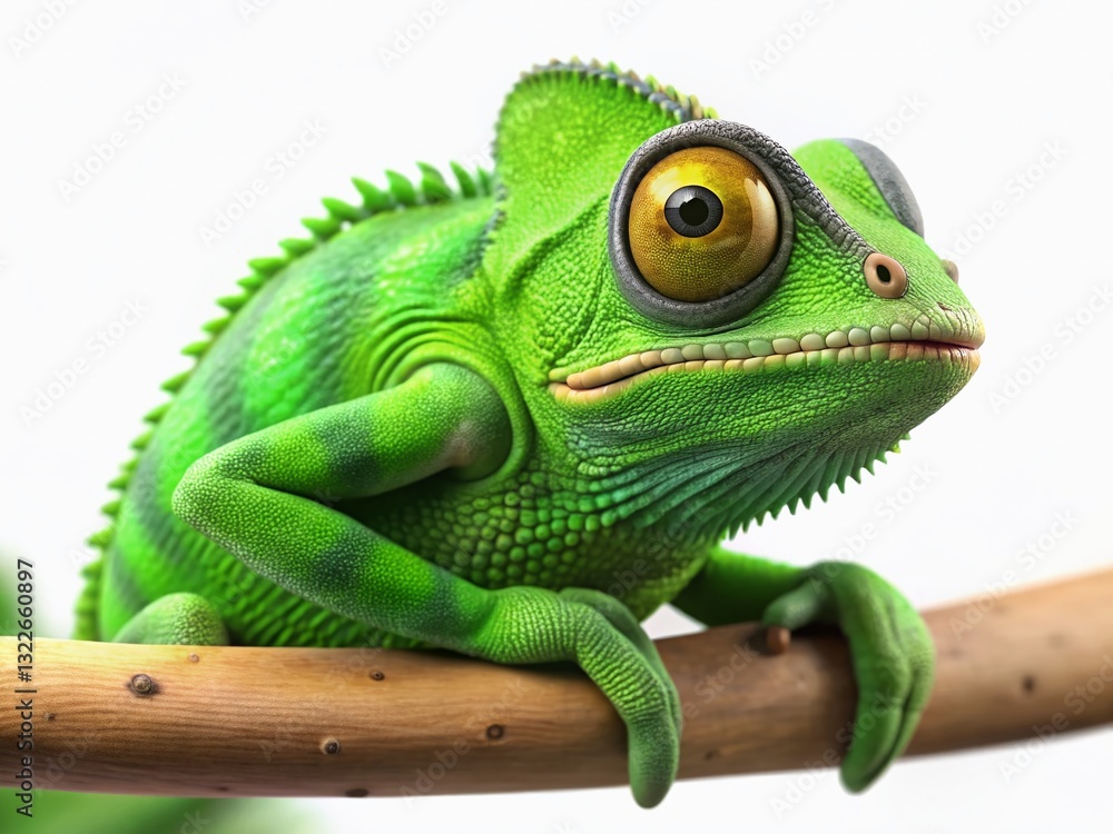 Fototapeta premium Thoughtful Green Chameleon on Branch - Lazy Reptile Wildlife Illustration for Fashion Print